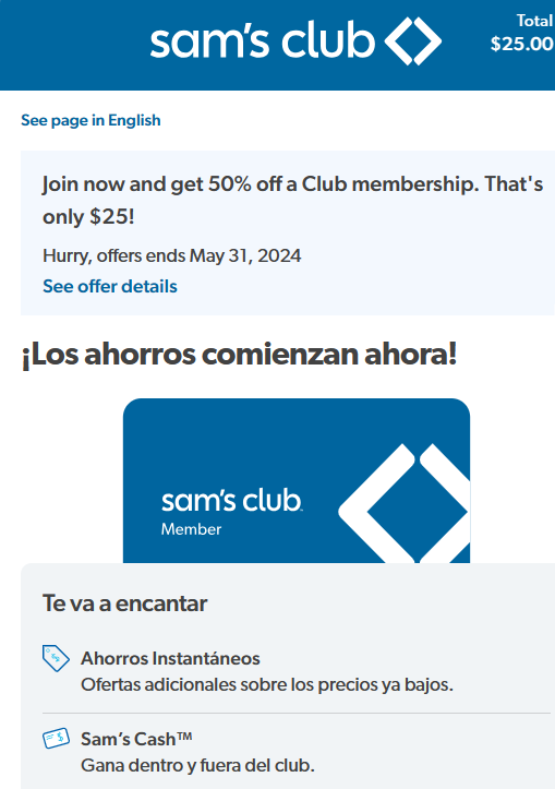 Oferta, cupones y descuentos para membresia Sam's Club por $25