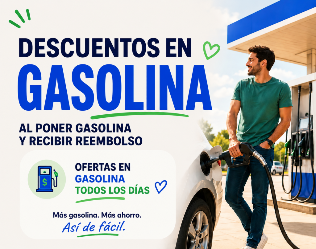 Recibe descuentos en gasolina despues de recibir reembolsos por poner gas.